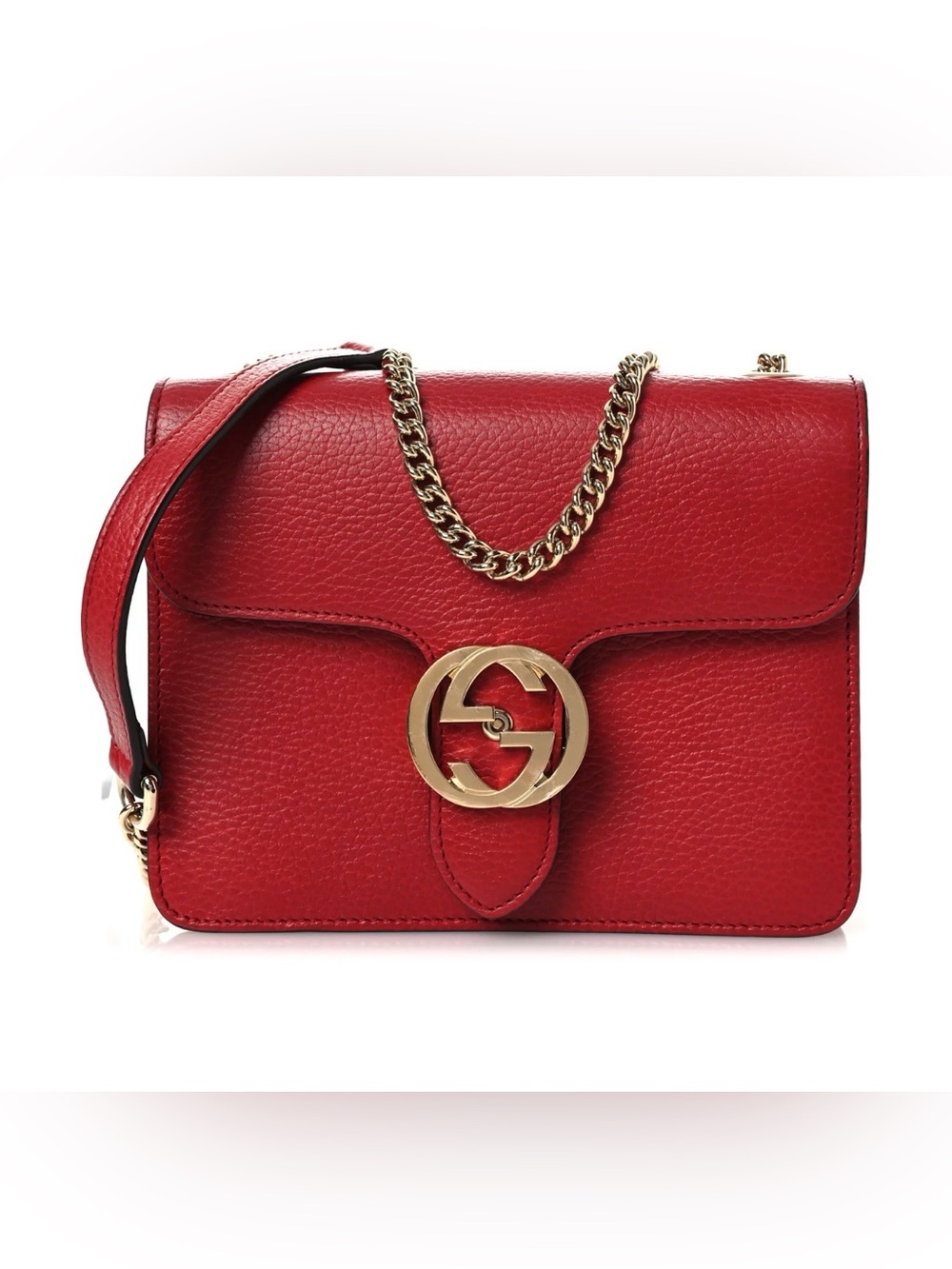 Gucci Red Pebbled Leather Crossbody with Gold Double-G Chain